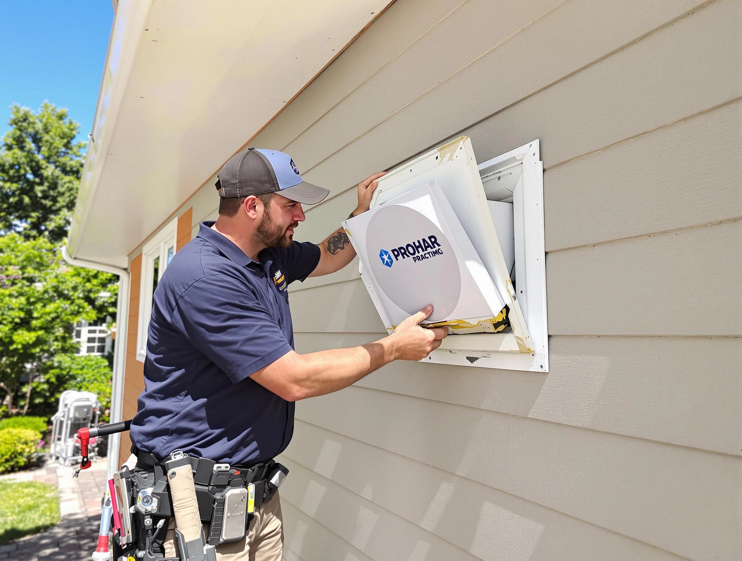 Brookline Dryer Vent Cleaning technician installing a new protective dryer vent cover on a home in Brookline