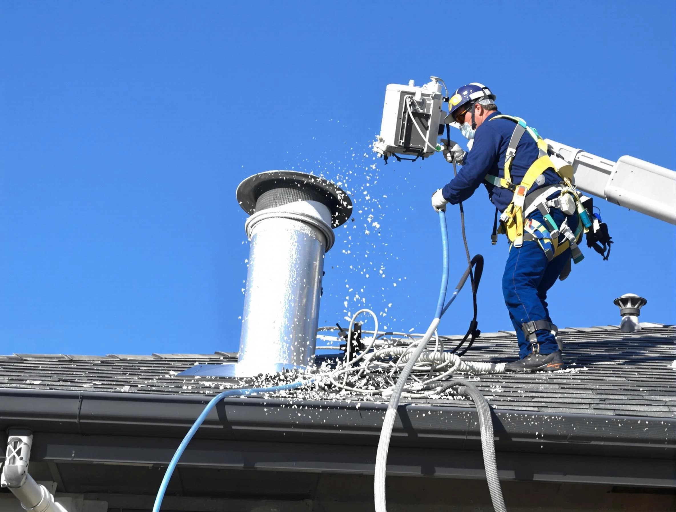 Brookline Dryer Vent Cleaning certified technician safely cleaning a roof-mounted dryer vent in Brookline