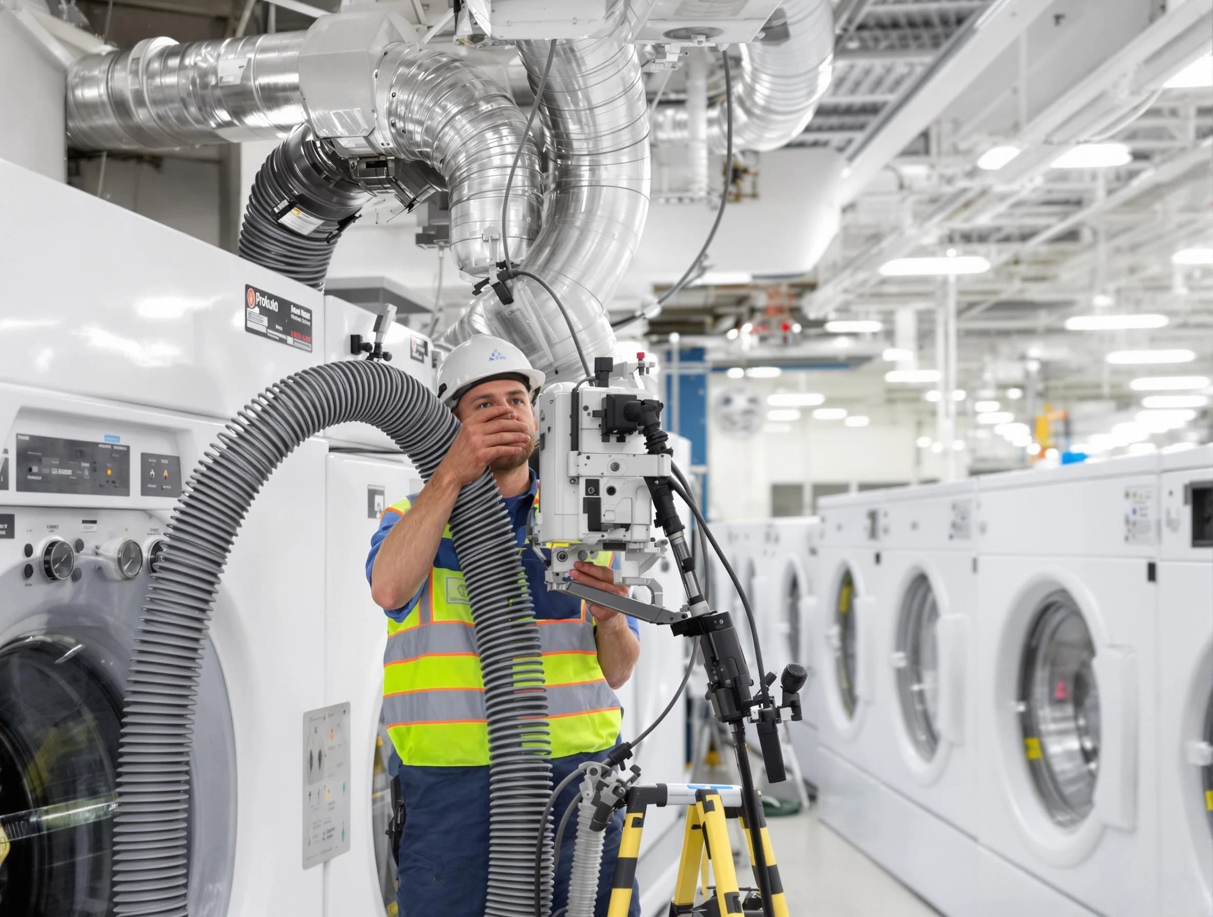 Brookline Dryer Vent Cleaning team performing commercial-grade dryer vent cleaning at a business facility in Brookline