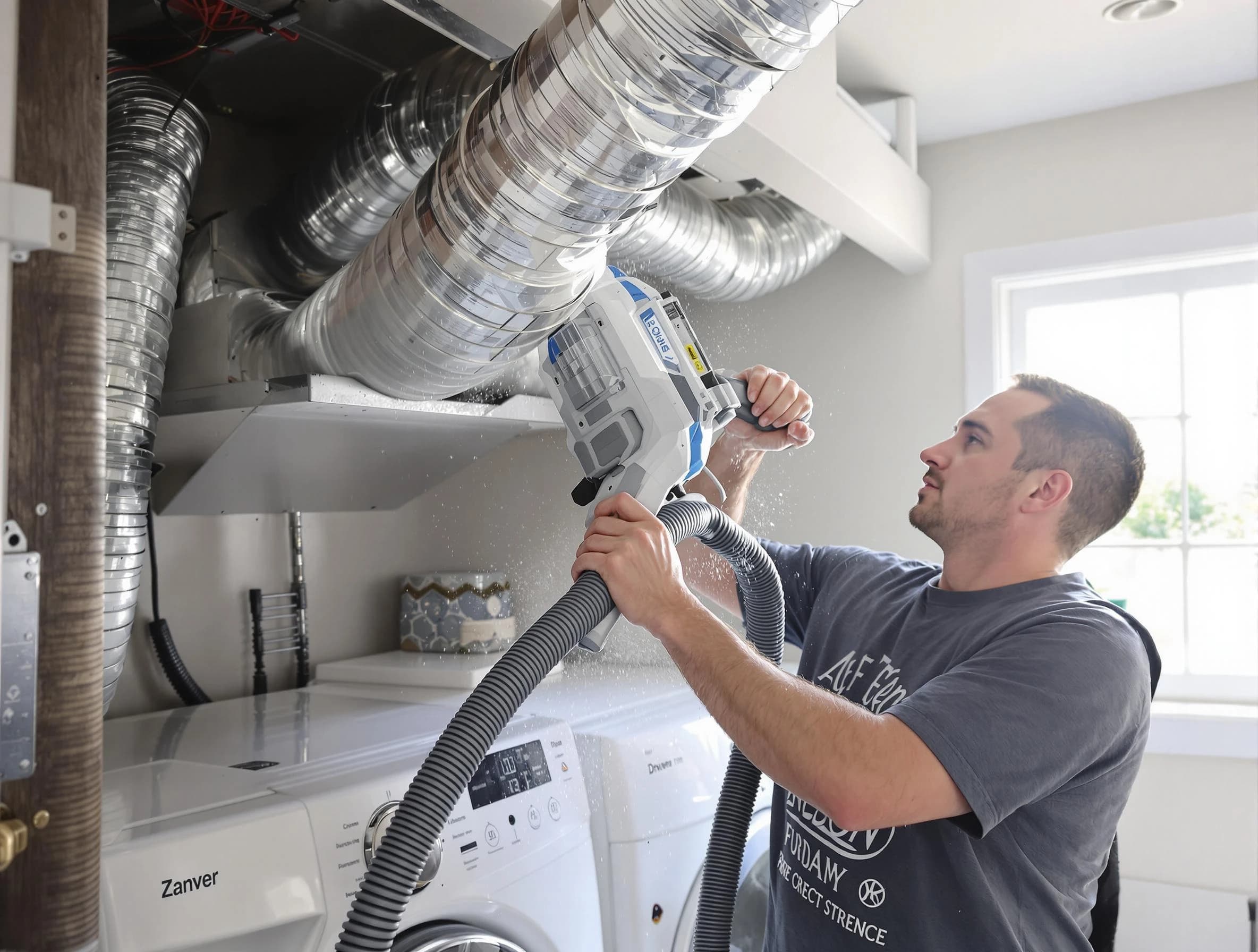 Brookline Dryer Vent Cleaning specialist cleaning deep within a dryer vent duct system in Brookline