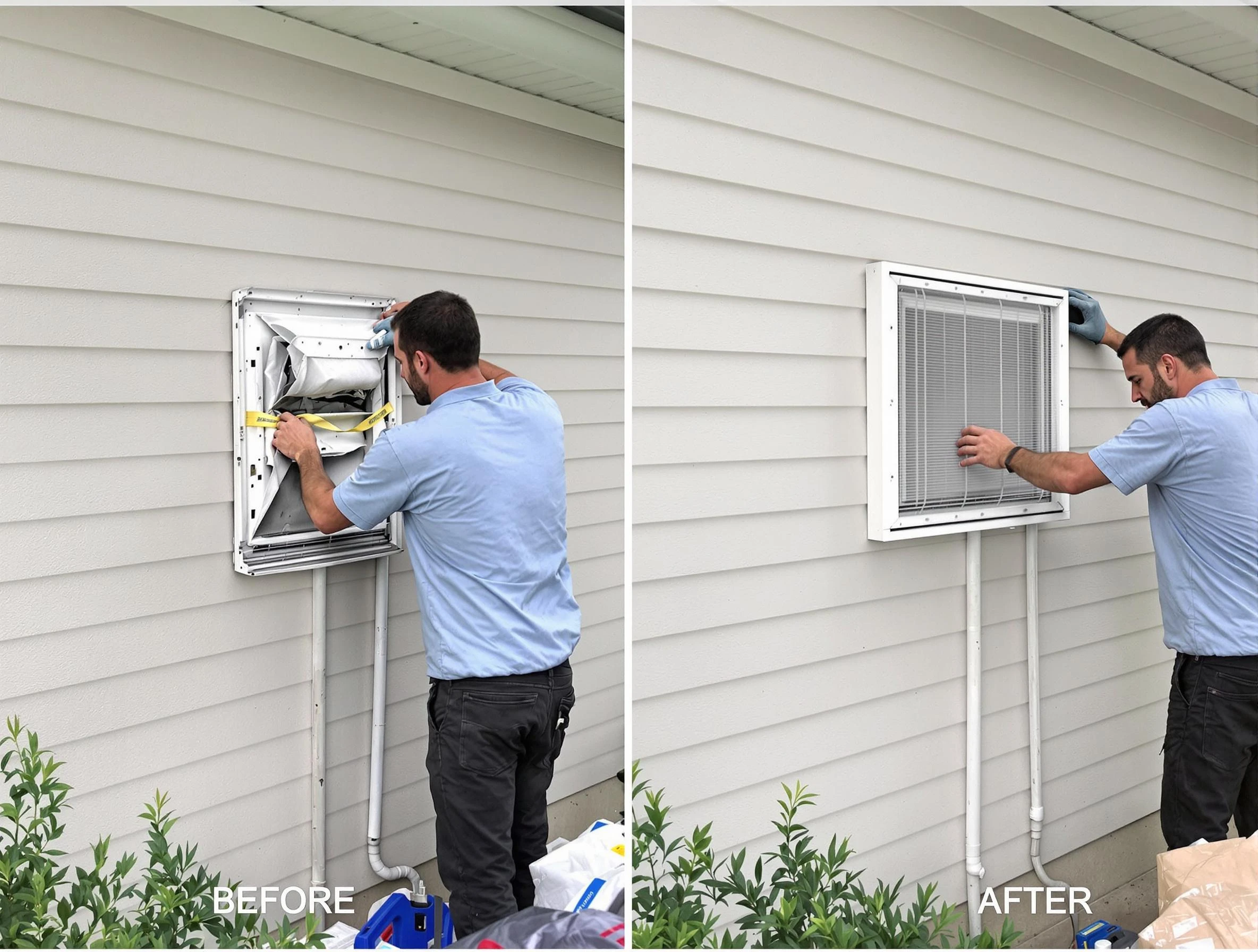 Brookline Dryer Vent Cleaning technician installing high-quality dryer vent cover at a residential property in Brookline